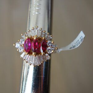 Beautiful Vintage Synthetic Ruby, Round & Baguette CZ  Women's Ring Size 7 New
